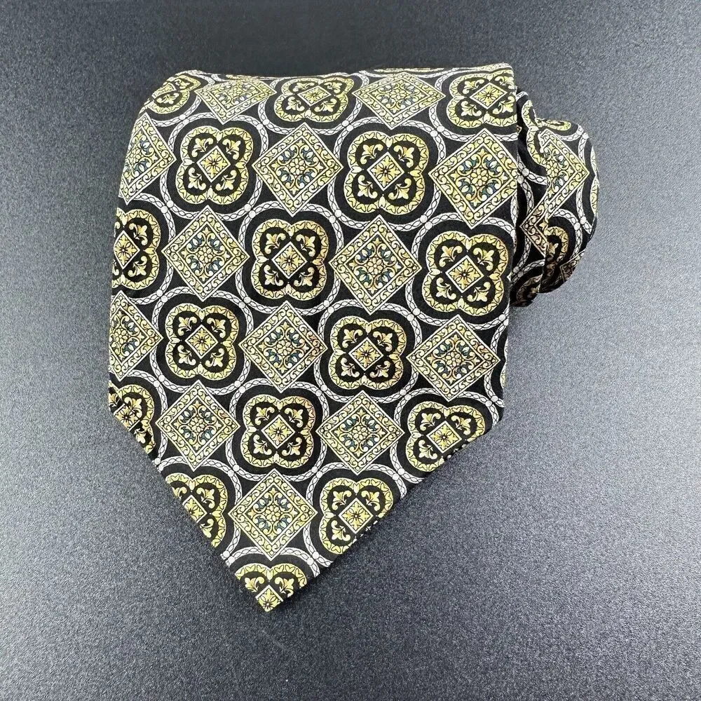 Christian Dior Silk Neck Tie Men Geometric Medallion Black Yellow Made in Canada